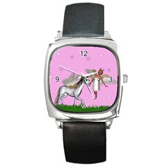 Unicorn And Fairy In A Grass Field And Sparkles Square Leather Watch by goldenjackal