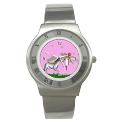 Unicorn And Fairy In A Grass Field And Sparkles Stainless Steel Watch (slim) by goldenjackal