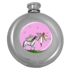 Unicorn And Fairy In A Grass Field And Sparkles Hip Flask (round) by goldenjackal