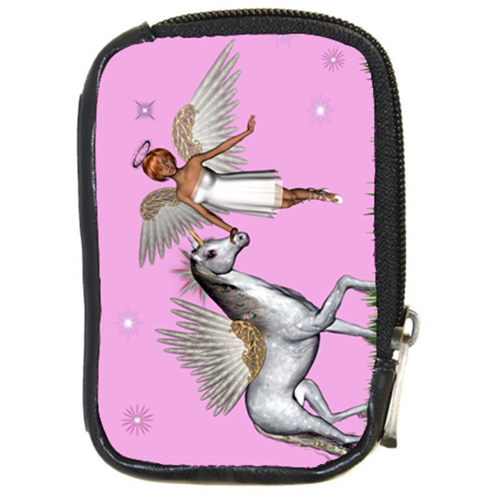 Unicorn And Fairy In A Grass Field And Sparkles Compact Camera Leather Case