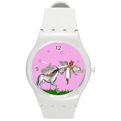 Unicorn And Fairy In A Grass Field And Sparkles Plastic Sport Watch (medium) by goldenjackal