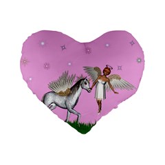 Unicorn And Fairy In A Grass Field And Sparkles 16  Premium Heart Shape Cushion 