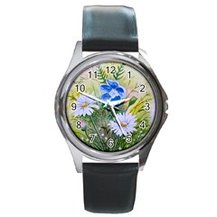 Meadow Flowers Round Leather Watch (silver Rim) by ArtByThree