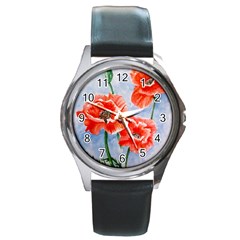 Poppies Round Leather Watch (silver Rim)