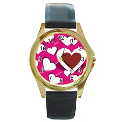 Valentine Hearts  Round Leather Watch (gold Rim) 