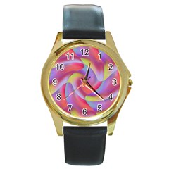 Colored Swirls Round Leather Watch (gold Rim) 