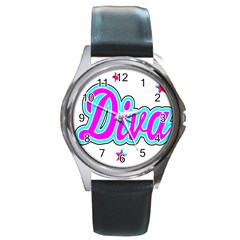  Pink Diva Round Leather Watch (silver Rim)