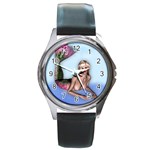 Mermaid on the beach Round Leather Watch (Silver Rim) Front