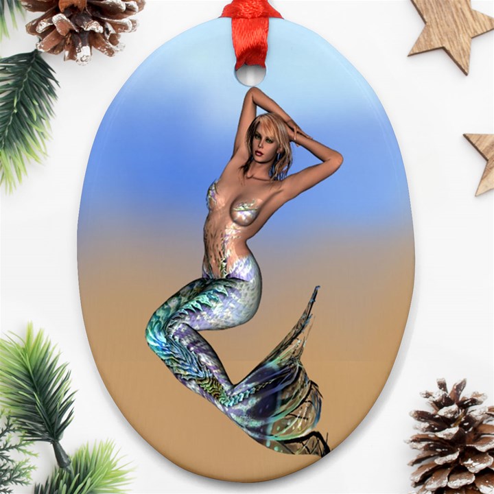 Sexy Mermaid On Beach Oval Ornament (Two Sides)