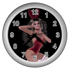 Miss Bunny In Red Lingerie Wall Clock (silver) by goldenjackal