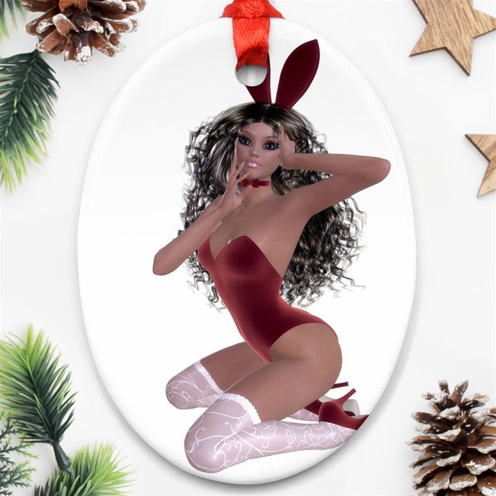 Miss Bunny in red lingerie Oval Ornament