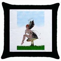 Fairy Sitting On A Mushroom Black Throw Pillow Case