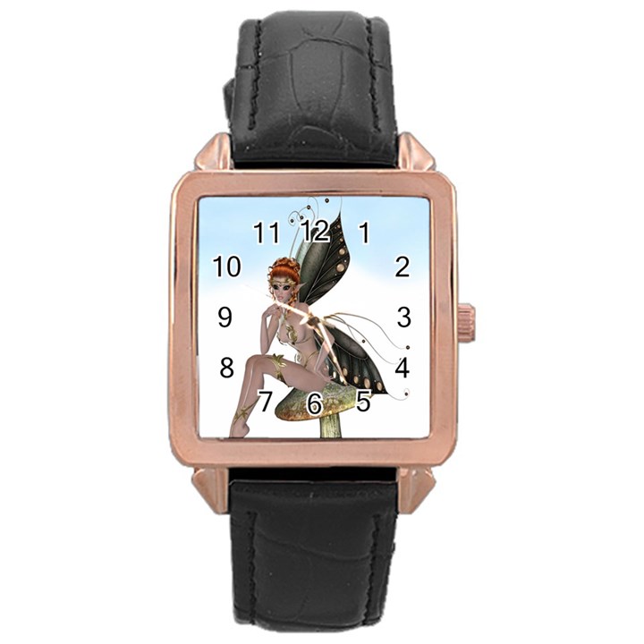 Fairy Sitting On A Mushroom Rose Gold Leather Watch 