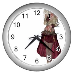 Steampunk Style Girl Wearing Red Dress Wall Clock (silver) by goldenjackal