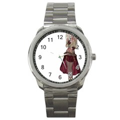 Steampunk Style Girl Wearing Red Dress Sport Metal Watch by goldenjackal