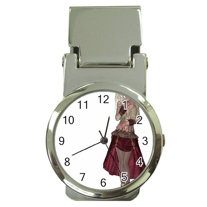 Steampunk Style Girl Wearing Red Dress Money Clip with Watch