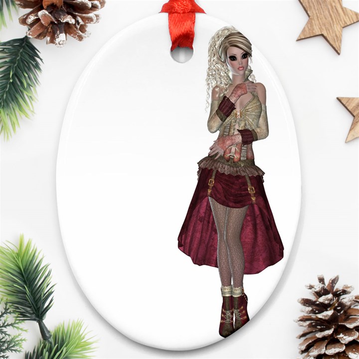 Steampunk Style Girl Wearing Red Dress Oval Ornament (Two Sides)