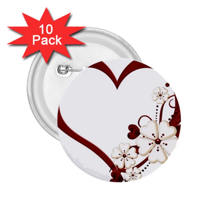 Red Love Heart With Flowers Romantic Valentine Birthday 2.25  Button (10 pack)