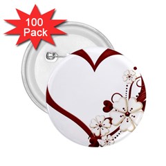 Red Love Heart With Flowers Romantic Valentine Birthday 2 25  Button (100 Pack) by goldenjackal