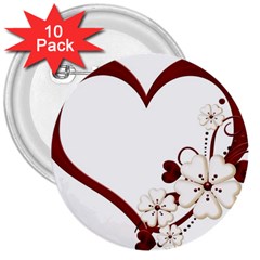 Red Love Heart With Flowers Romantic Valentine Birthday 3  Button (10 Pack) by goldenjackal