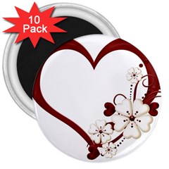 Red Love Heart With Flowers Romantic Valentine Birthday 3  Button Magnet (10 Pack) by goldenjackal