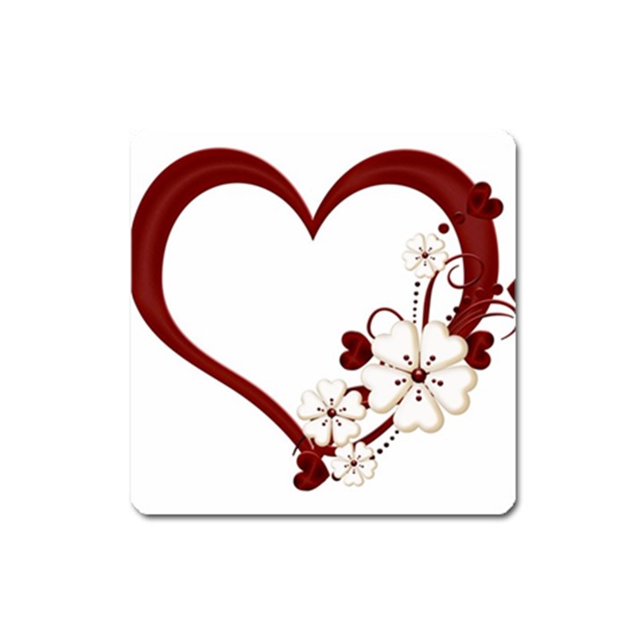 Red Love Heart With Flowers Romantic Valentine Birthday Magnet (Square)