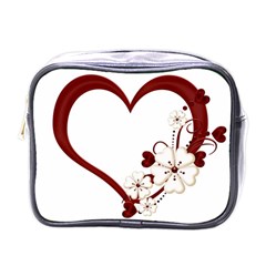 Red Love Heart With Flowers Romantic Valentine Birthday Mini Travel Toiletry Bag (one Side)