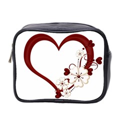 Red Love Heart With Flowers Romantic Valentine Birthday Mini Travel Toiletry Bag (two Sides)