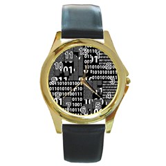 Beauty Of Binary Round Leather Watch (gold Rim) 