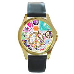 Peace Collage Round Leather Watch (gold Rim) 