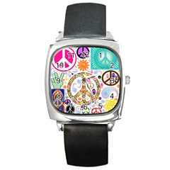 Peace Collage Square Leather Watch by StuffOrSomething