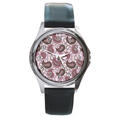 Paisley In Pink Round Leather Watch (silver Rim) by StuffOrSomething