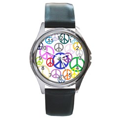 Peace Sign Collage Png Round Leather Watch (silver Rim) by StuffOrSomething