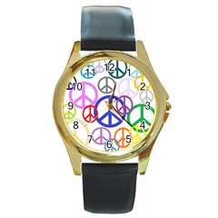 Peace Sign Collage Png Round Leather Watch (gold Rim) 