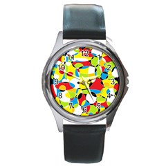 Interlocking Circles Round Leather Watch (silver Rim)