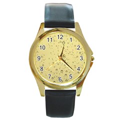 Yellow Water Droplets Round Leather Watch (gold Rim)  by Colorfulart23