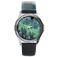 Celtic Symbolic Fractal Design In Green Round Leather Watch (silver Rim)