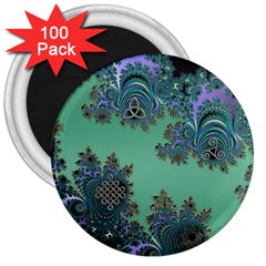 Celtic Symbolic Fractal Design In Green 3  Button Magnet (100 Pack)