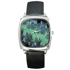 Celtic Symbolic Fractal Design In Green Square Leather Watch