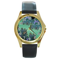 Celtic Symbolic Fractal Round Leather Watch (gold Rim) 