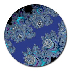 Blue Metallic Celtic Fractal 8  Mouse Pad (round) by UROCKtheWorldDesign