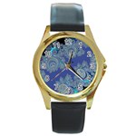 Blue Metallic Celtic Fractal Round Leather Watch (Gold Rim)  Front