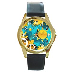 Musical Peace Round Leather Watch (gold Rim)  by StuffOrSomething