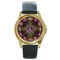 Hot Lavender Celtic Fractal Framed Mandala Round Leather Watch (gold Rim) 