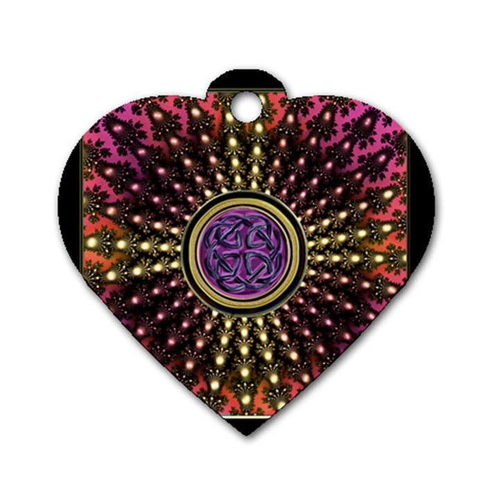 Hot Lavender Celtic Fractal Framed Mandala Dog Tag Heart (One Sided) 