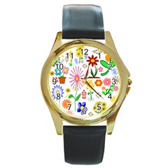 Summer Florals Round Leather Watch (gold Rim)  by StuffOrSomething