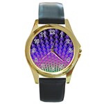 Rainbow Fan Round Leather Watch (Gold Rim)  Front