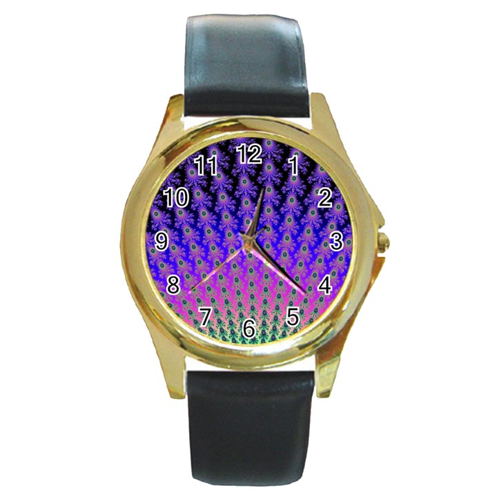 Rainbow Fan Round Leather Watch (Gold Rim) 