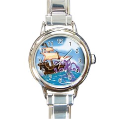 Pirate Ship Attacked By Giant Squid Cartoon Round Italian Charm Watch by NickGreenaway