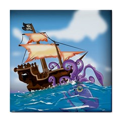 Pirate Ship Attacked By Giant Squid Cartoon Ceramic Tile